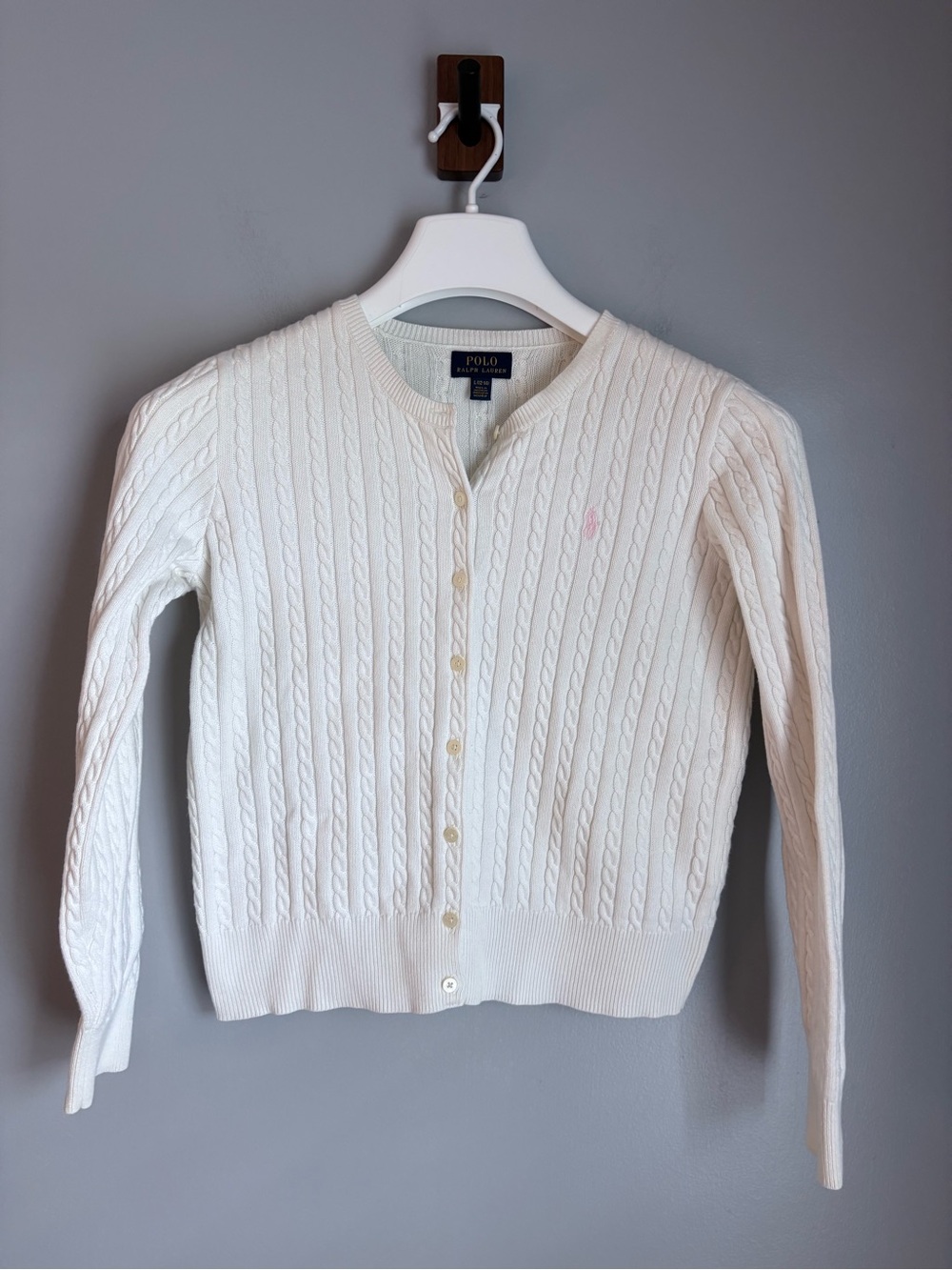 Polo Ralph Lauren Girls Cable Knit Cotton Cardigan Sweater Cream Pink Pony L